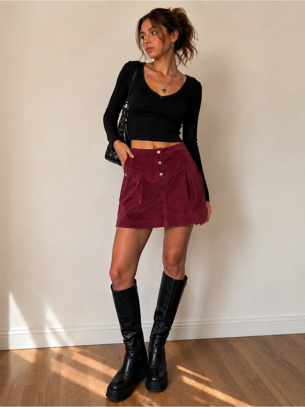 Rebecca Minkoff Brielle Burgundy Corduroy Pleated Mini Skirt Size 4